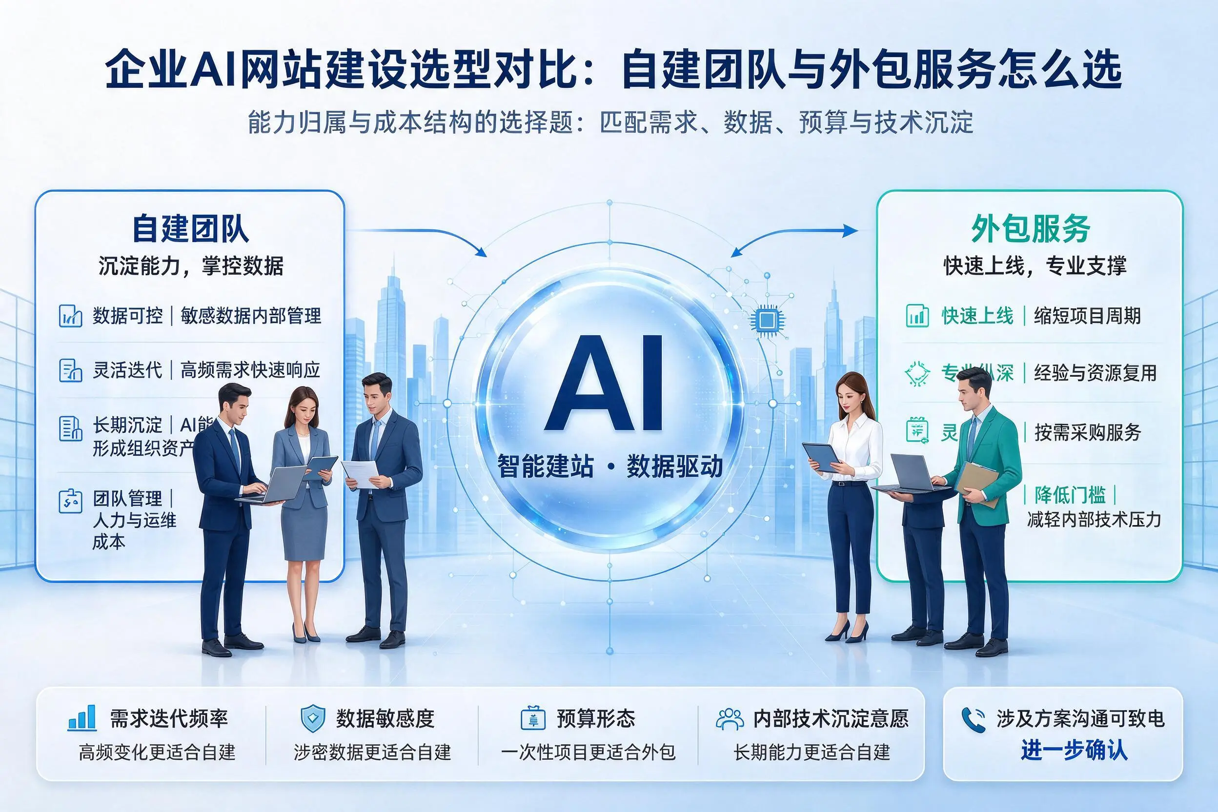 湛江企业AI网站建设选型对比:自建团队与外包服务怎么选
